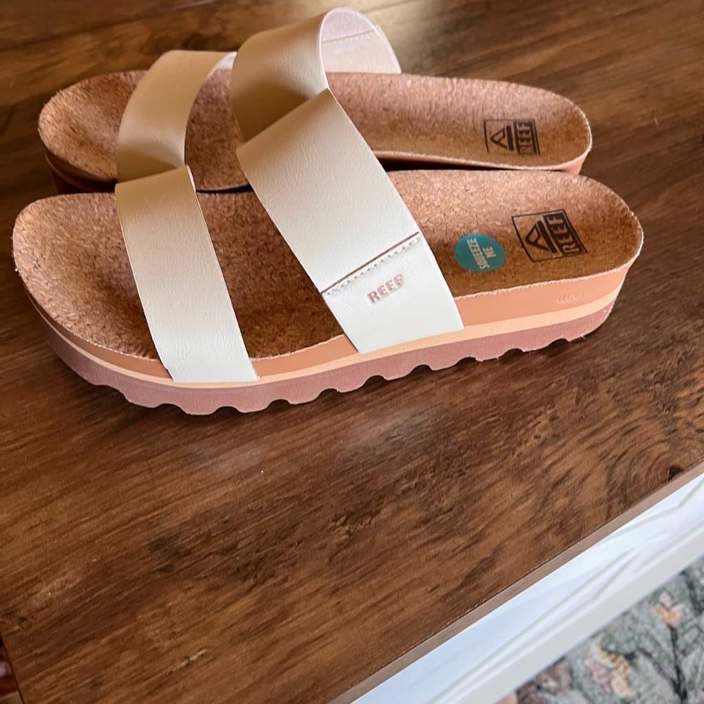 Reef Cream and Tan Slide Sandals